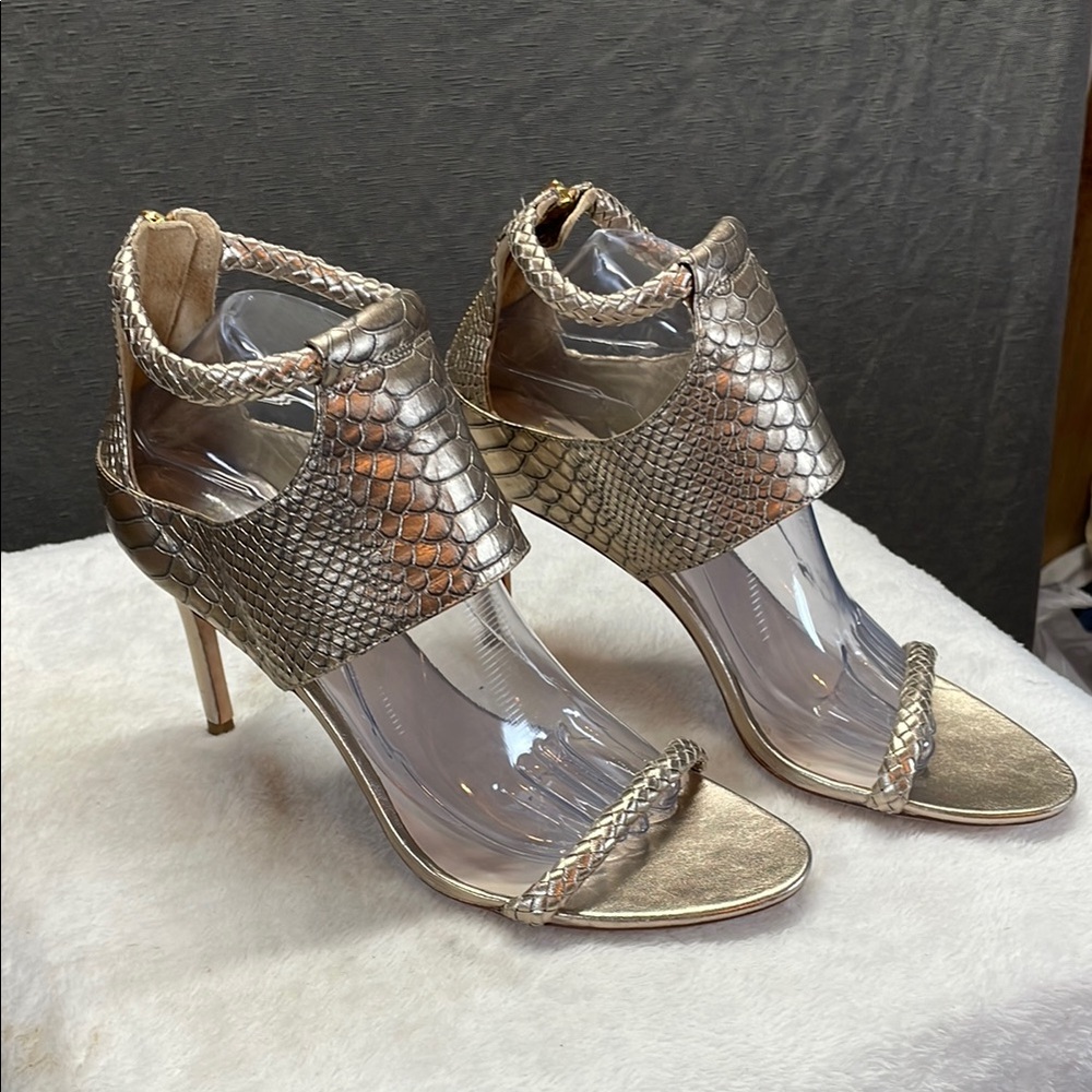 Cole Haan Gold Stiletto Heels with Peep-Toe Design